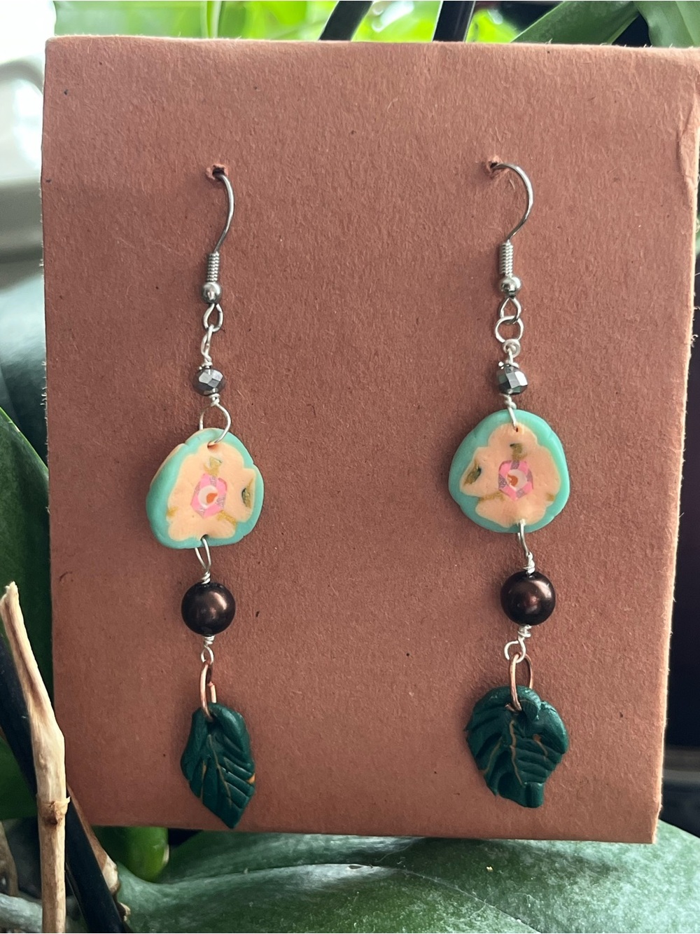 Handmade Polymer Clay Turquoise & Green Leaf Dangle Earrings